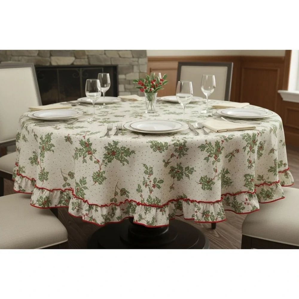Vintage Holly Berry Christmas Round Tablecloth Cream Red Ruffle 70